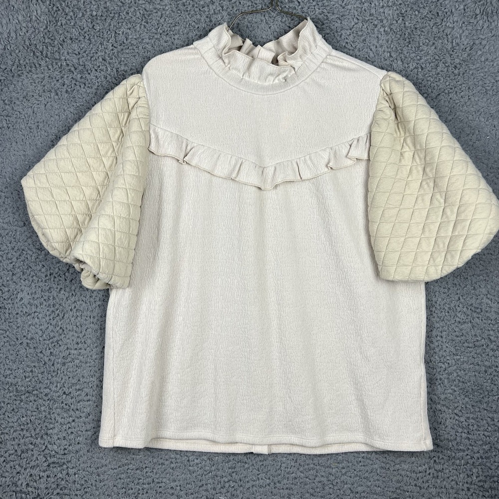 NWT! THML Embroidered Puff Sleeve Print Top Ruffle Neck Button Back Soft Large